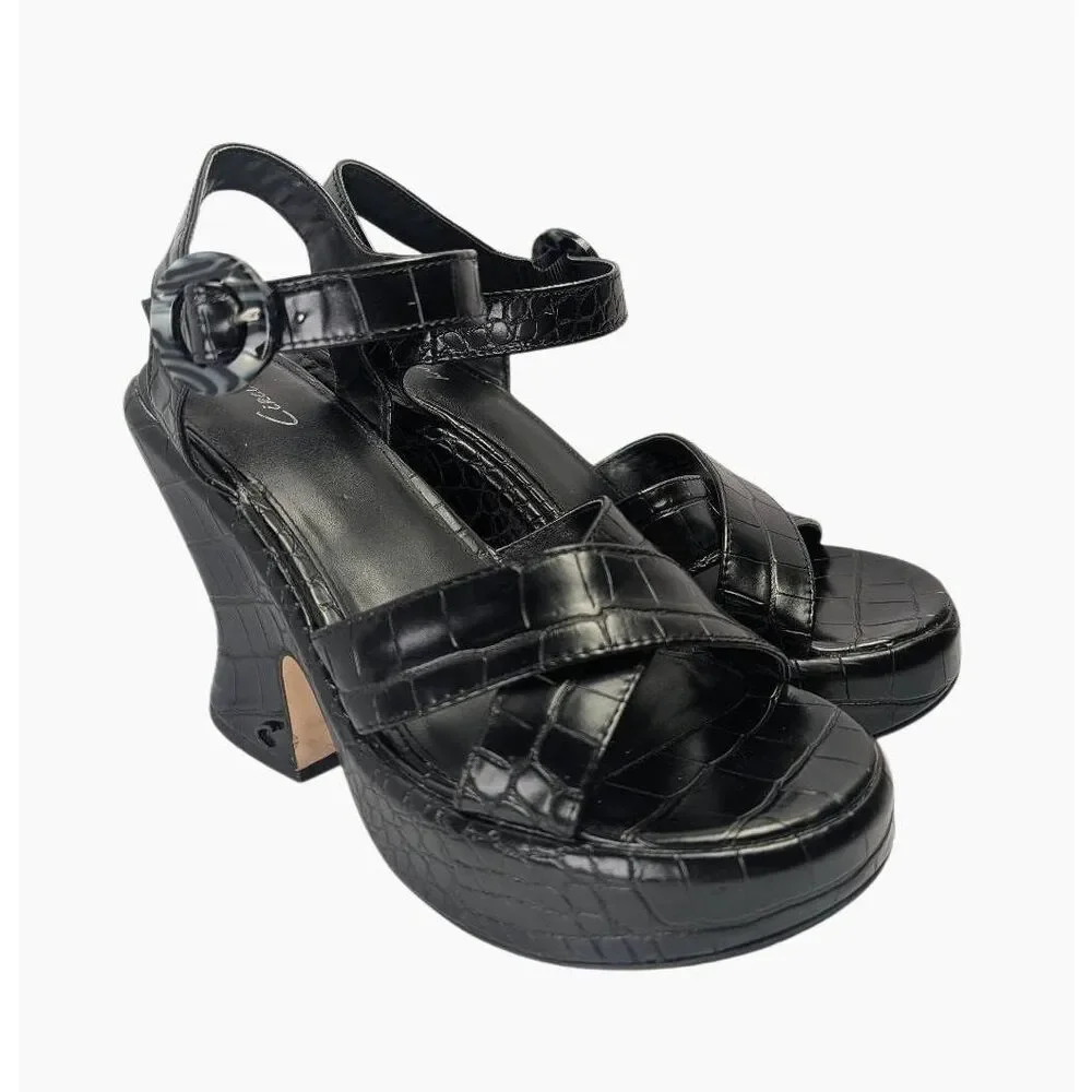 Sam Edelman Circus Peony Black Croc platform chunky sculpted heels womens 9